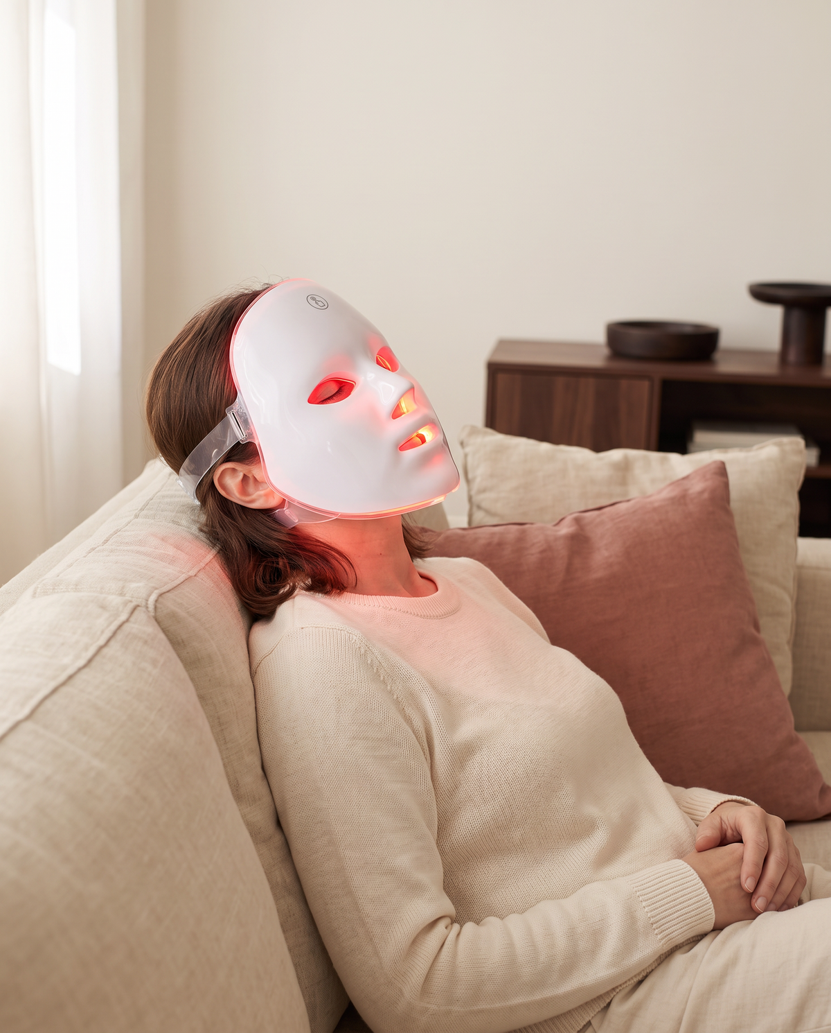 Donna rilassata con la maschera LED viso Glowmia accesa con luce rossa