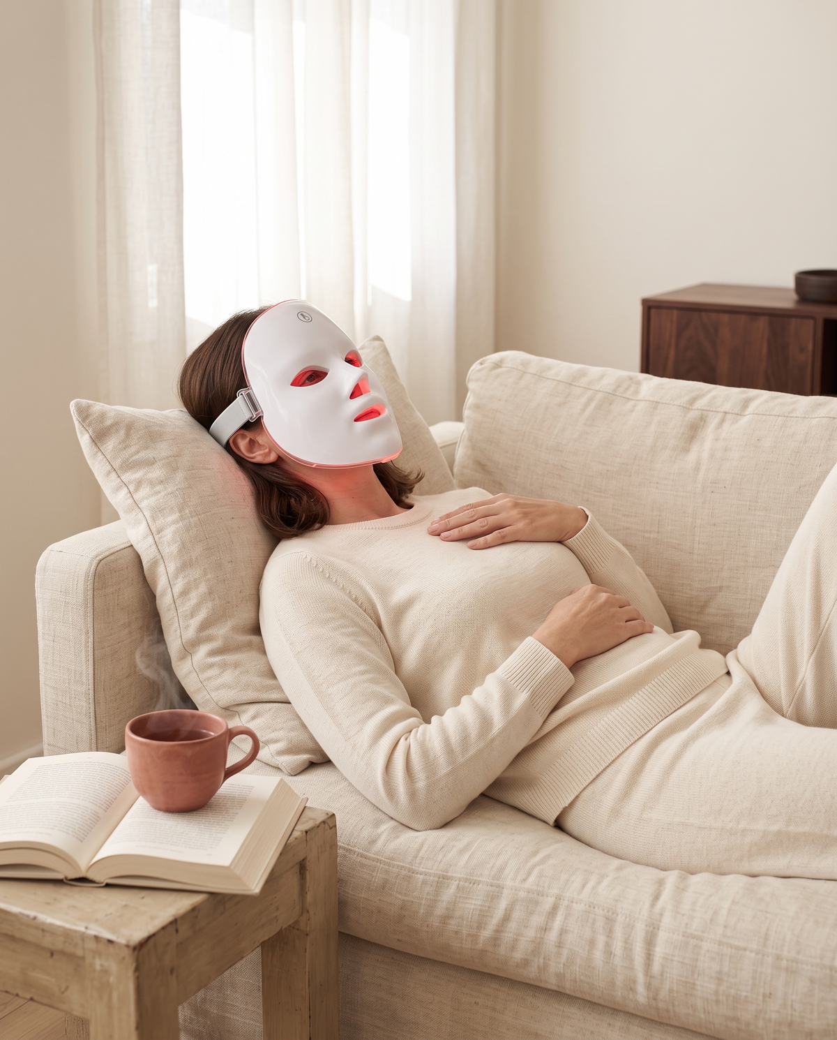 El ritual: mujer con la máscara LED Glowmia en casa
