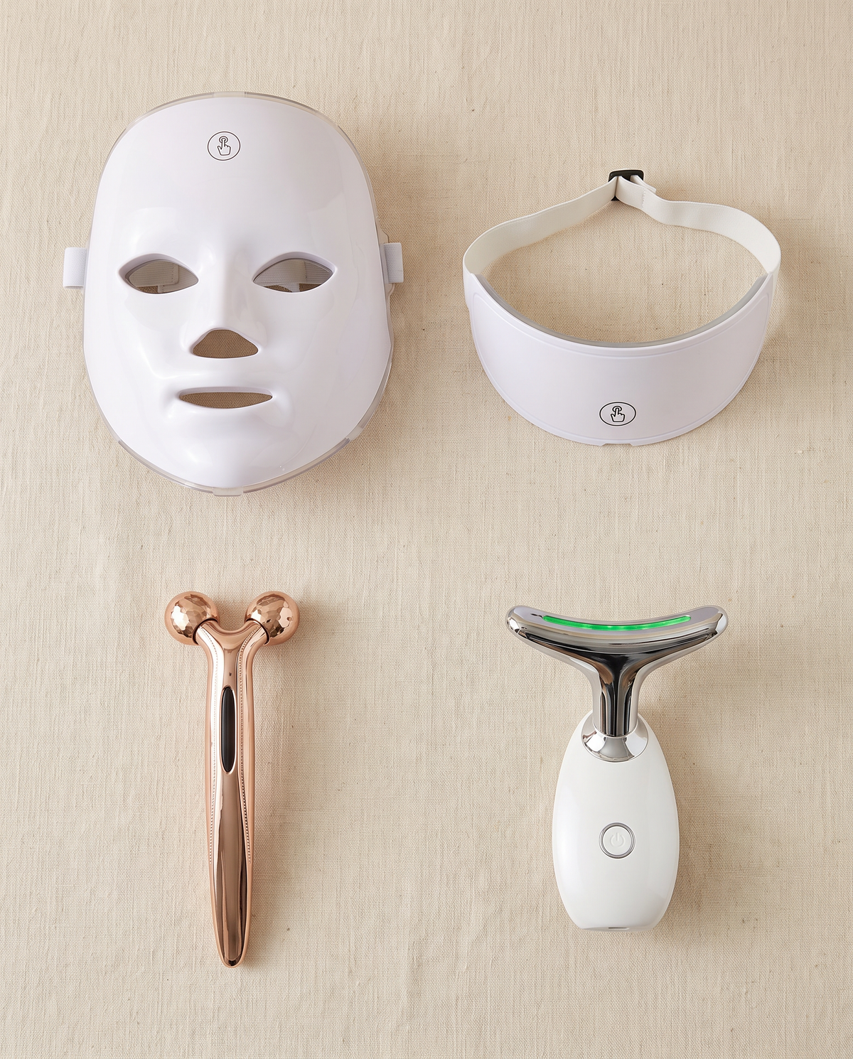Set Viso + Collo Glowmia: maschera viso, maschera collo, rullo 3D dorato e dispositivo lifting collo