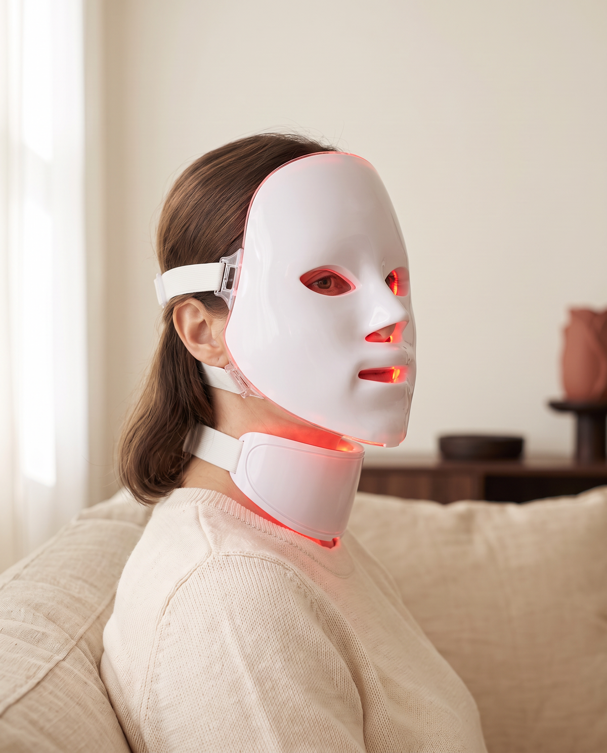Donna che usa la maschera LED collo del set Glowmia